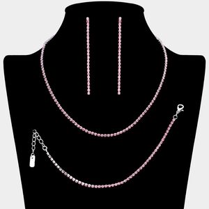 Rose Pink 3 Piece Pave Rhinestone Crystal Necklace Jewelry Set Formal Statement